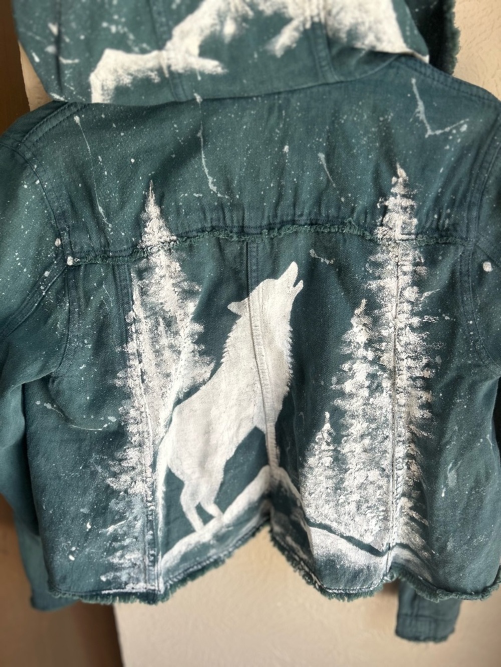 Upcycled green Free People jacket wolf howling at the moon Size Small - Picture 3 of 9